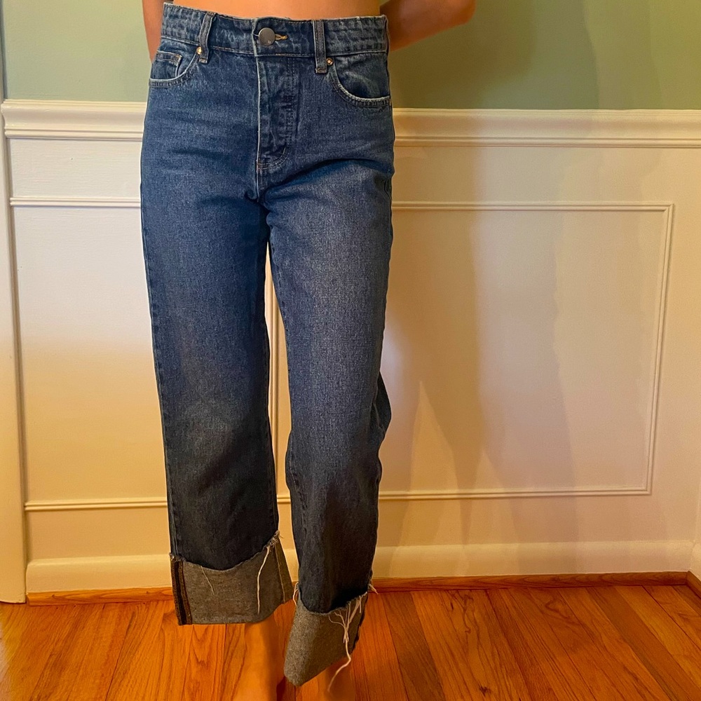 Wide leg turn back high rise denim